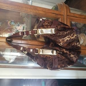 Faux leopard fur and leather satchel bag by B. Makowski